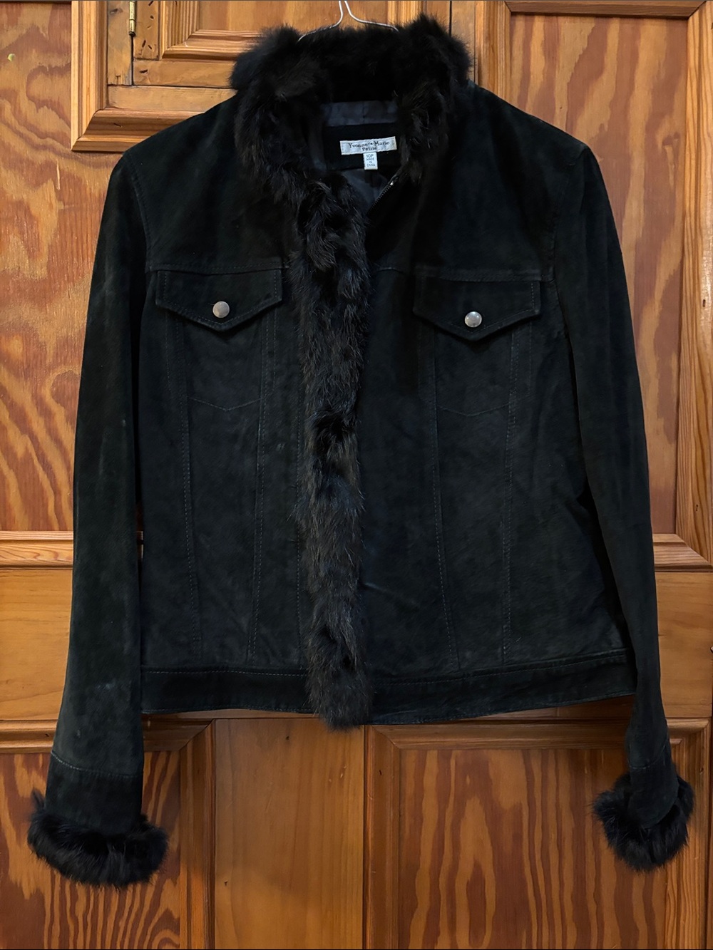 Black 100% real Suede and rabbit Fur-Trim Leather Jacket for Women